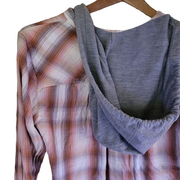 Mudd Womens Plaid Button Hoodie XS Rust Pink Gray Lightweight Cotton Modal - Picture 4 of 10